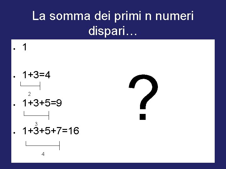 La somma dei primi n numeri dispari… 1 1+3=4 2 1+3+5=9 3 1+3+5+7=16 4