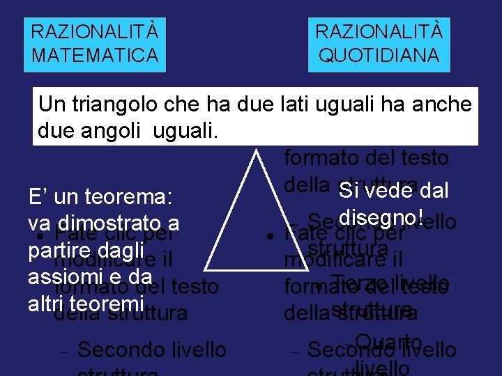 RAZIONALITÀ MATEMATICA RAZIONALITÀ QUOTIDIANA Un triangolo che ha due lati uguali ha anche Fate