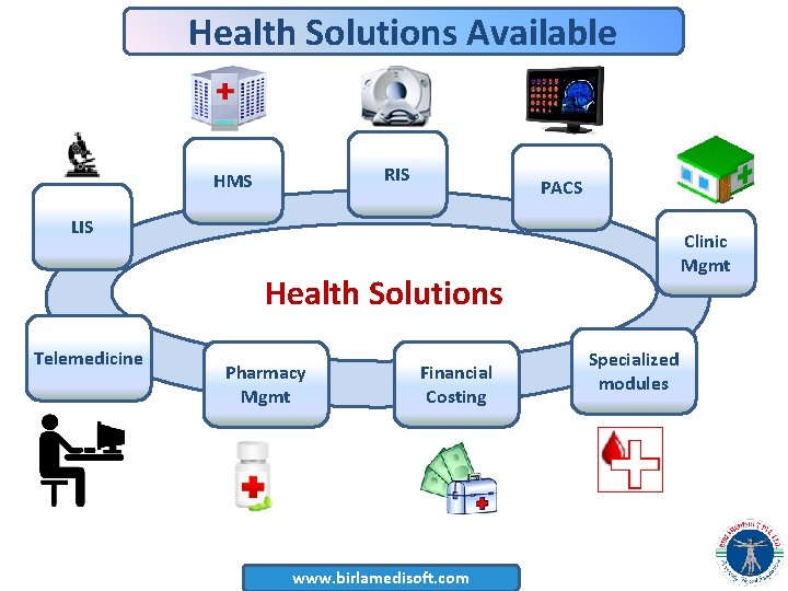 Health Solutions Available RIS HMS PACS LIS Clinic Mgmt Health Solutions Telemedicine Pharmacy Mgmt