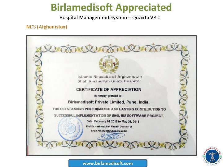 Birlamedisoft Appreciated Hospital Management System – Quanta V 3. 0 NDS (Afghanistan) www. birlamedisoft.