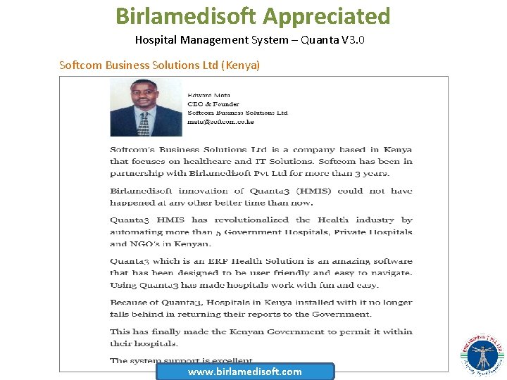 Birlamedisoft Appreciated Hospital Management System – Quanta V 3. 0 Softcom Business Solutions Ltd