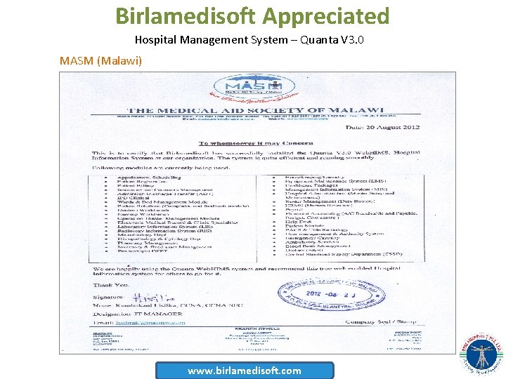 Birlamedisoft Appreciated Hospital Management System – Quanta V 3. 0 MASM (Malawi) www. birlamedisoft.