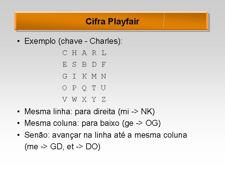 Cifra Playfair • Exemplo (chave - Charles): C H A R L E S