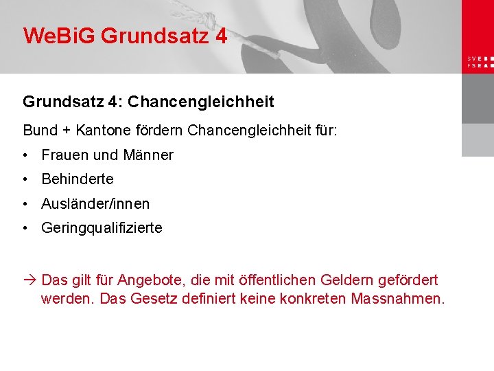 We. Bi. G Grundsatz 4: Chancengleichheit Bund + Kantone fördern Chancengleichheit für: • Frauen