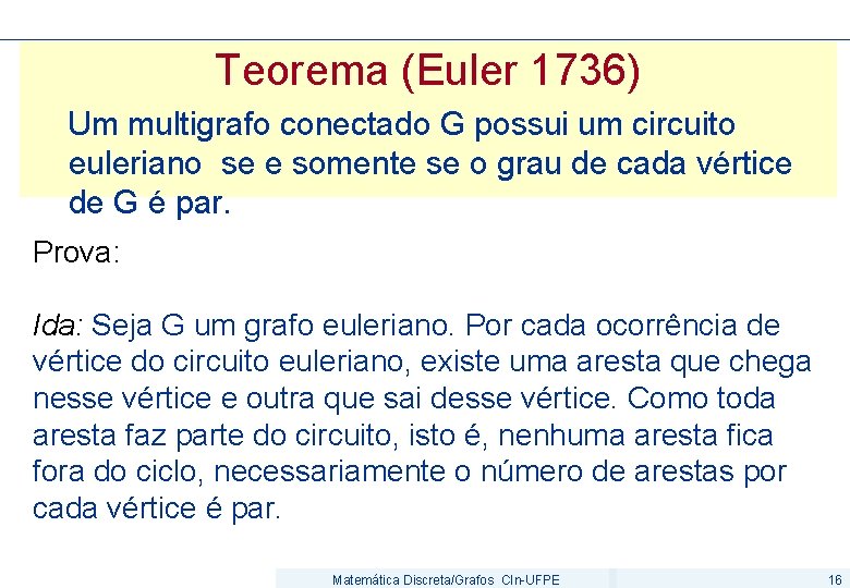 Teorema (Euler 1736) Um multigrafo conectado G possui um circuito euleriano se e somente