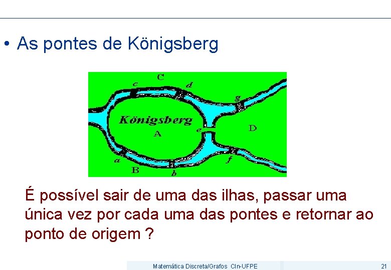  • As pontes de Königsberg É possível sair de uma das ilhas, passar