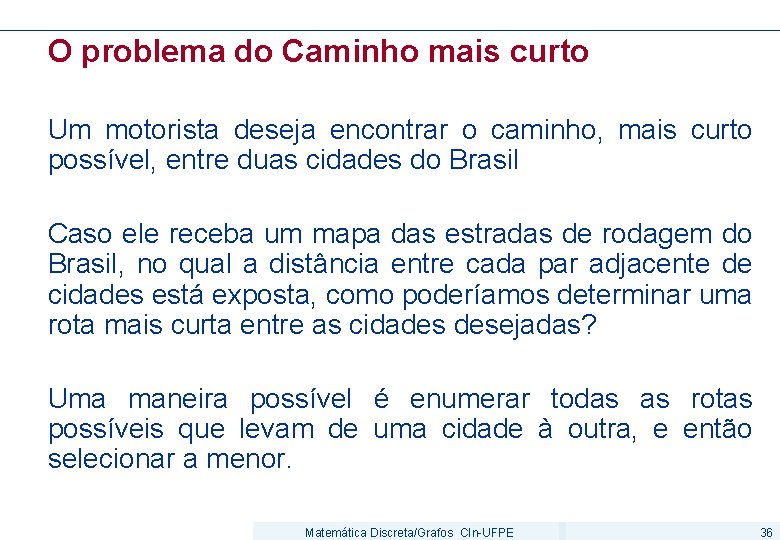 O problema do Caminho mais curto Um motorista deseja encontrar o caminho, mais curto
