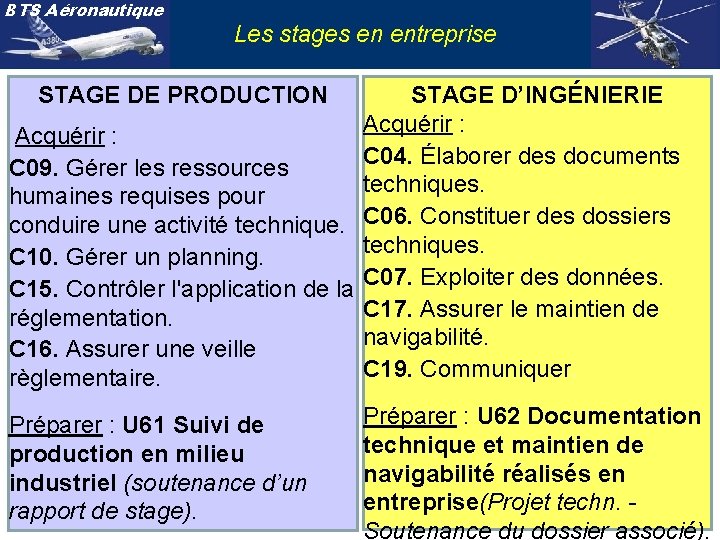 BTS Aéronautique Les stages en entreprise STAGE DE PRODUCTION STAGE D’INGÉNIERIE Acquérir : C