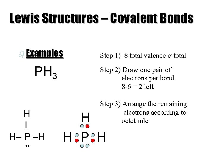 Lewis Structures – Covalent Bonds b Examples PH 3 H l H– P –H