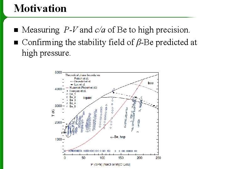 Motivation n n Measuring P-V and c/a of Be to high precision. Confirming the