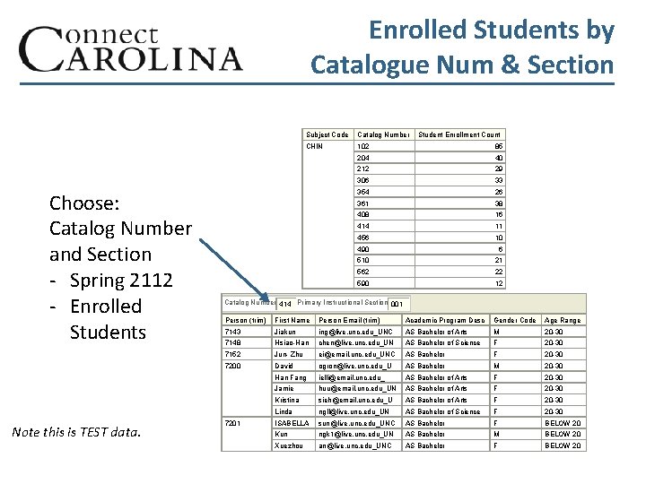 Enrolled Students by Catalogue Num & Section Choose: Catalog Number and Section - Spring
