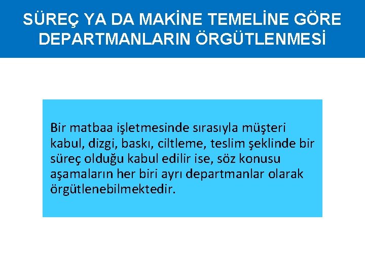 SÜREÇ YA DA MAKİNE TEMELİNE GÖRE DEPARTMANLARIN ÖRGÜTLENMESİ Bir matbaa işletmesinde sırasıyla müşteri kabul,