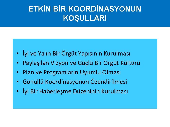 ETKİN BİR KOORDİNASYONUN KOŞULLARI • • • İyi ve Yalın Bir Örgüt Yapısının Kurulması
