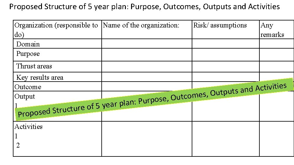 Proposed Structure of 5 year plan: Purpose, Outcomes, Outputs and Activities Organization (responsible to