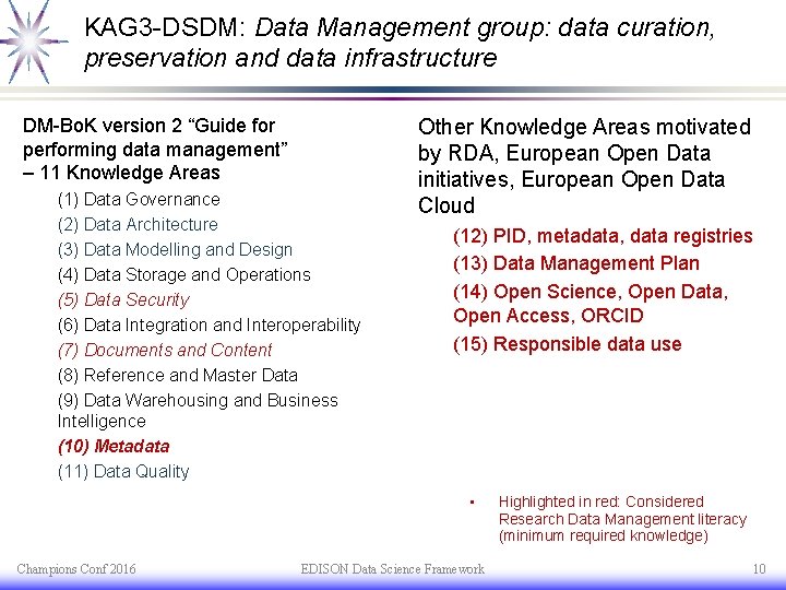 KAG 3 -DSDM: Data Management group: data curation, preservation and data infrastructure DM-Bo. K