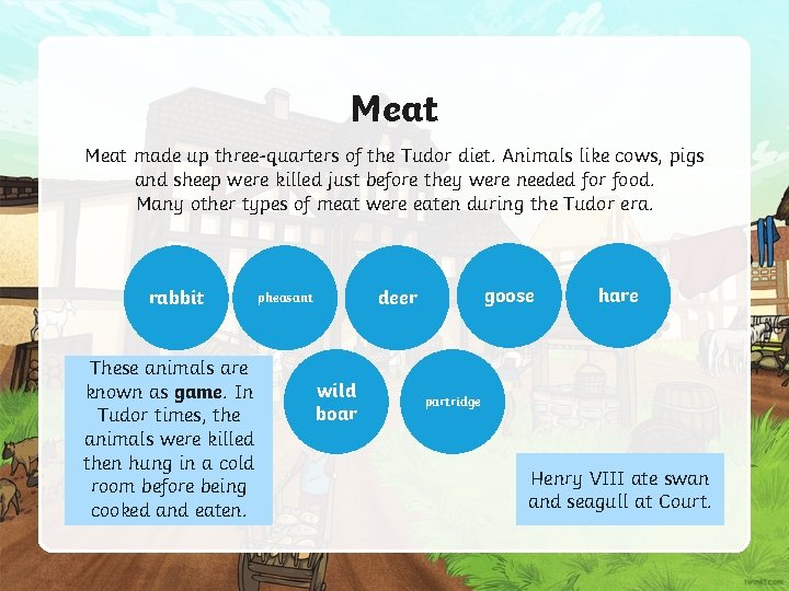 Meat made up three-quarters of the Tudor diet. Animals like cows, pigs and sheep