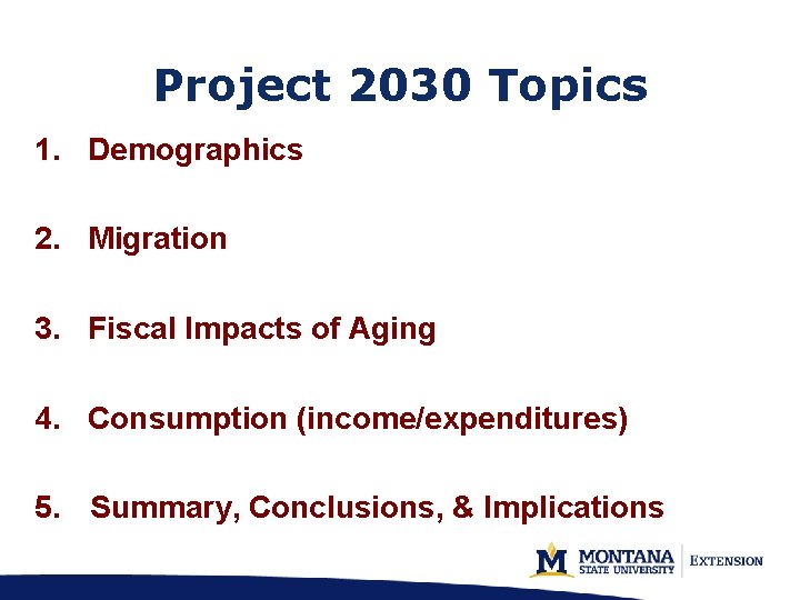 Project 2030 Topics 1. Demographics 2. Migration 3. Fiscal Impacts of Aging 4. Consumption