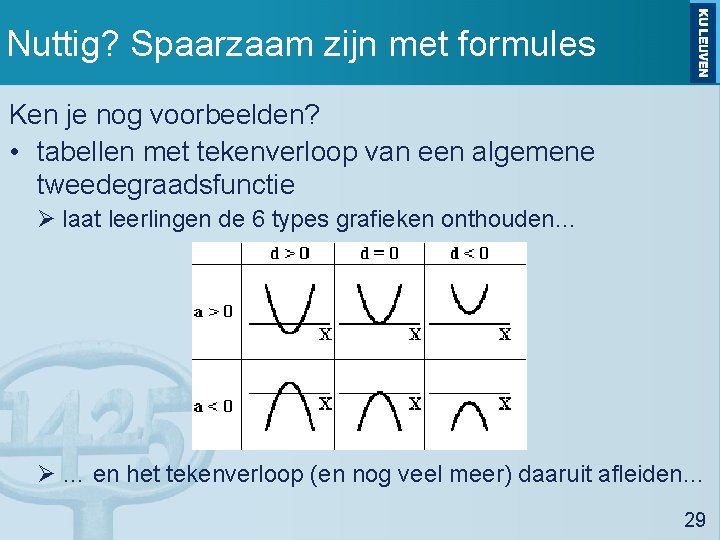 Nuttig? Spaarzaam zijn met formules Ken je nog voorbeelden? • tabellen met tekenverloop van