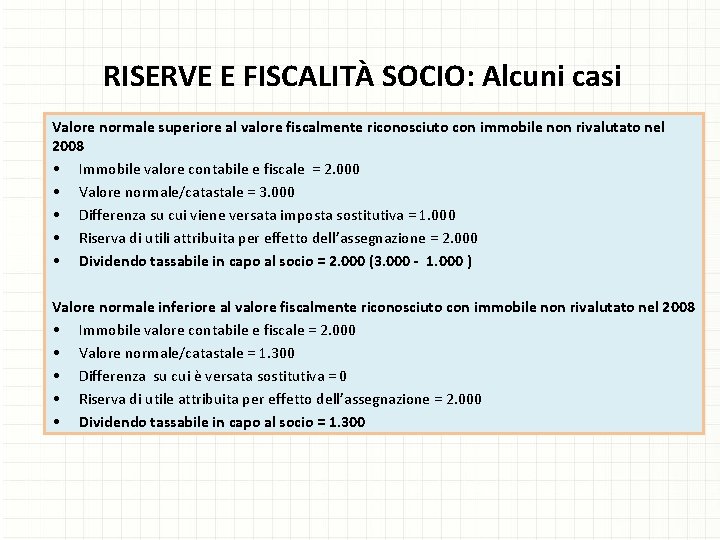 RISERVE E FISCALITÀ SOCIO: Alcuni casi Valore normale superiore al valore fiscalmente riconosciuto con