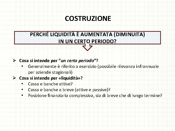 COSTRUZIONE PERCHÉ LIQUIDITÀ È AUMENTATA (DIMINUITA) IN UN CERTO PERIODO? Ø Cosa si intende