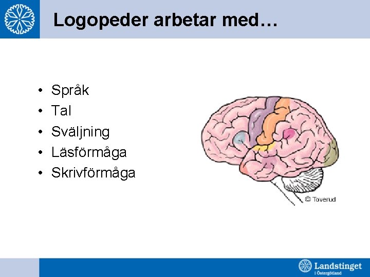 Logopeder arbetar med… • • • Språk Tal Sväljning Läsförmåga Skrivförmåga 