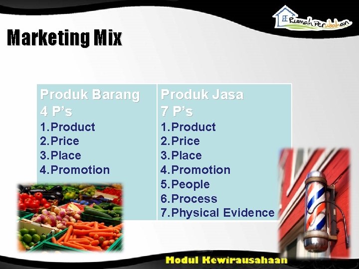 Marketing Mix Produk Barang 4 P’s Produk Jasa 7 P’s 1. Product 2. Price