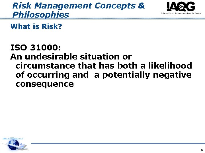 Risk Management Concepts & Philosophies What is Risk? ISO 31000: An undesirable situation or
