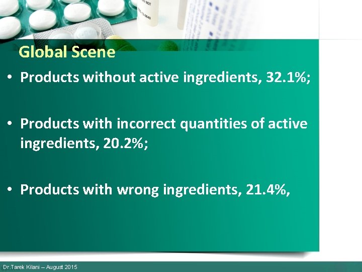 Global Scene • Products without active ingredients, 32. 1%; • Products with incorrect quantities