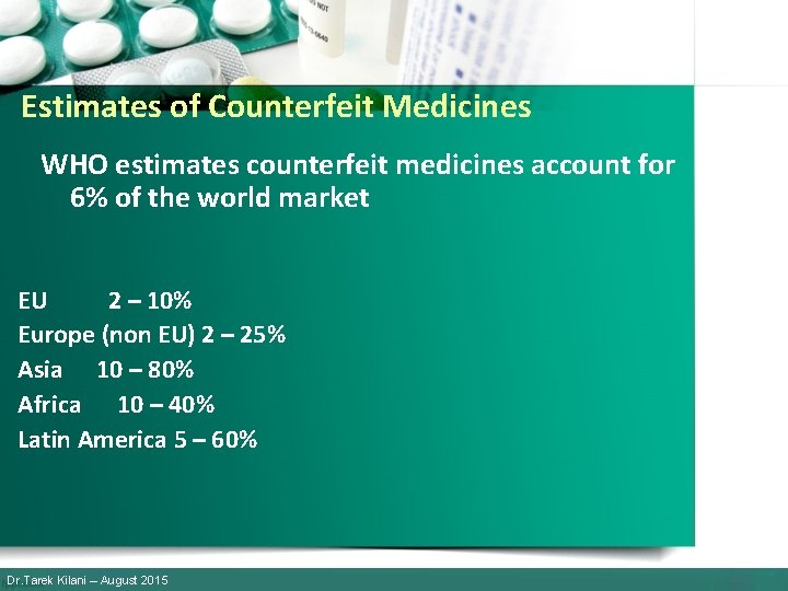 Estimates of Counterfeit Medicines WHO estimates counterfeit medicines account for 6% of the world