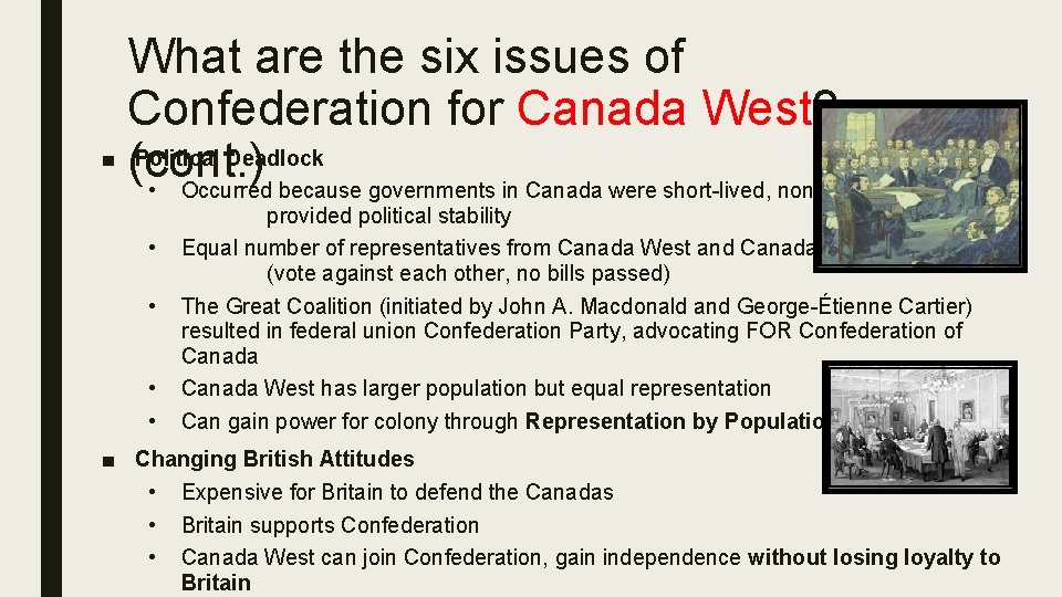 What are the six issues of Confederation for Canada West? ■ Political Deadlock (cont.