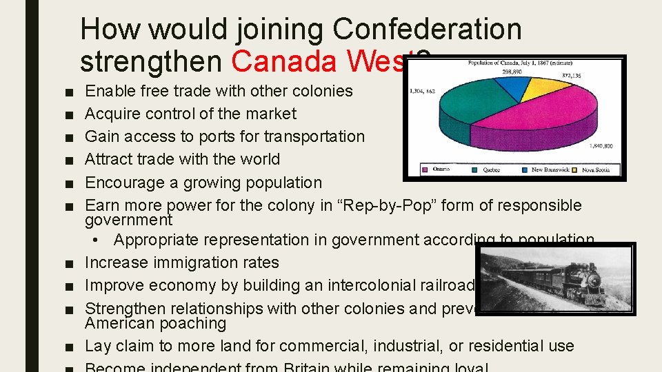 How would joining Confederation strengthen Canada West? ■ ■ ■ ■ ■ Enable free
