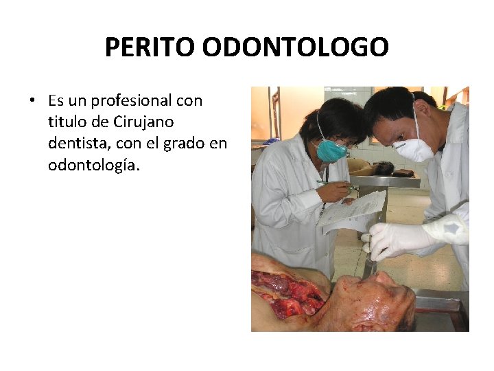 PERITO ODONTOLOGO • Es un profesional con titulo de Cirujano dentista, con el grado