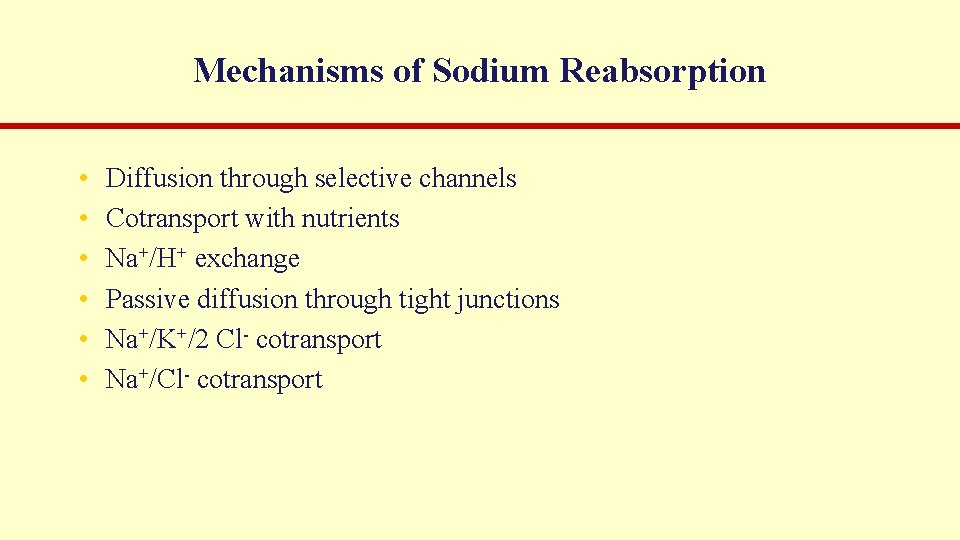 Mechanisms of Sodium Reabsorption • • • Diffusion through selective channels Cotransport with nutrients