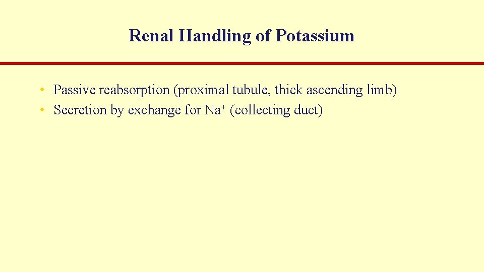 Renal Handling of Potassium • Passive reabsorption (proximal tubule, thick ascending limb) • Secretion