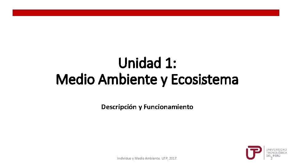 Unidad 1: Medio Ambiente y Ecosistema Descripción y Funcionamiento Individuo y Medio Ambiente. UTP,