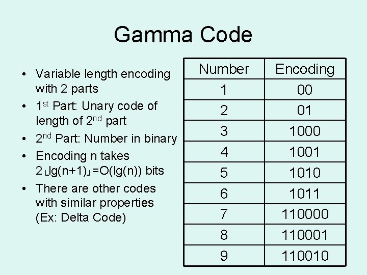 Gamma Code • Variable length encoding with 2 parts • 1 st Part: Unary Gamma Code • Variable length encoding with 2 parts • 1 st Part: Unary