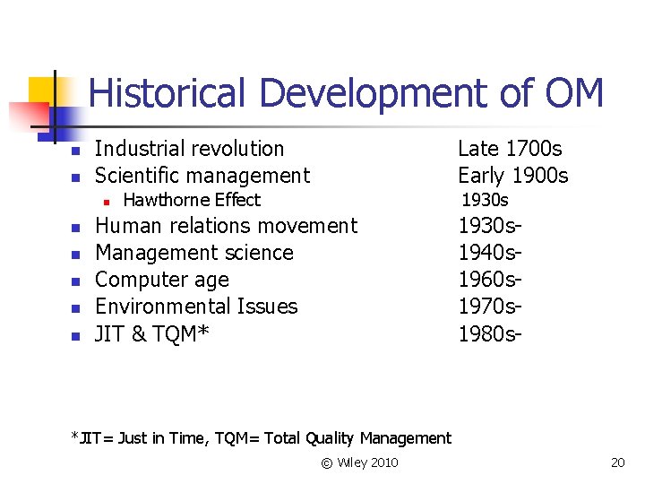 Historical Development of OM n n Industrial revolution Scientific management n n n Late