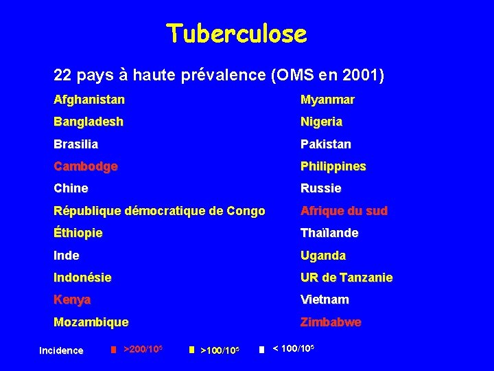 Tuberculose 22 pays à haute prévalence (OMS en 2001) Afghanistan Myanmar Bangladesh Nigeria Brasilia