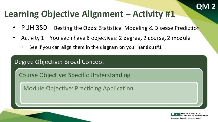 Learning Objective Alignment – Activity #1 QM 2 • PUH 350 – Beating the