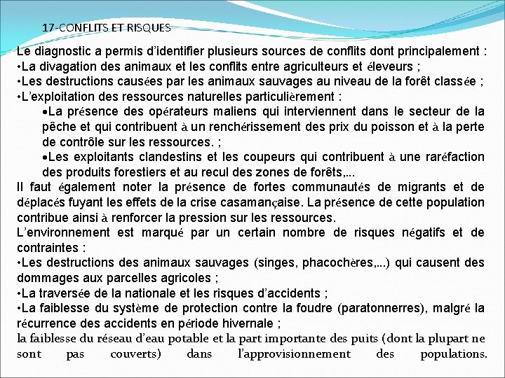 17 -CONFLITS ET RISQUES Le diagnostic a permis d’identifier plusieurs sources de conflits dont