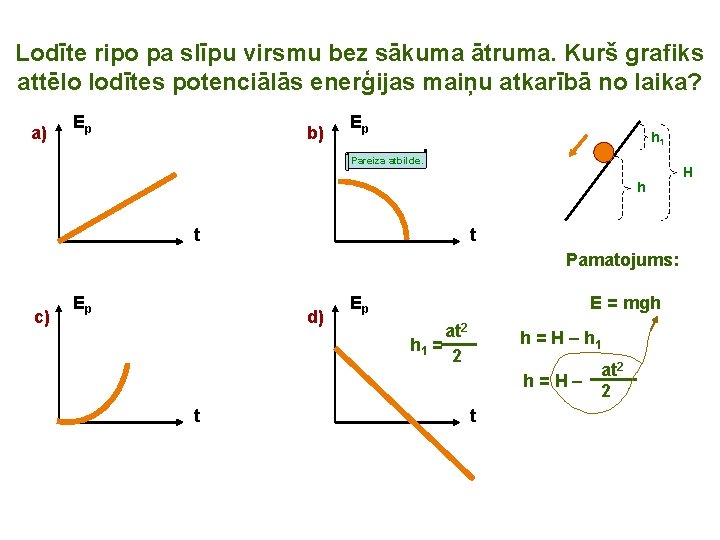 Lodīte ripo pa slīpu virsmu bez sākuma ātruma. Kurš grafiks attēlo lodītes potenciālās enerģijas