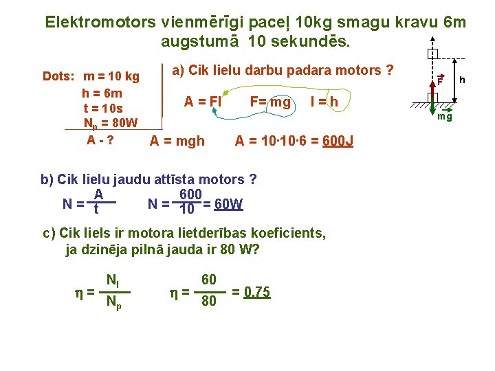 Elektromotors vienmērīgi paceļ 10 kg smagu kravu 6 m augstumā 10 sekundēs. a) Cik