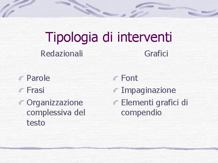 Tipologia di interventi Redazionali Parole Frasi Organizzazione complessiva del testo Grafici Font Impaginazione Elementi