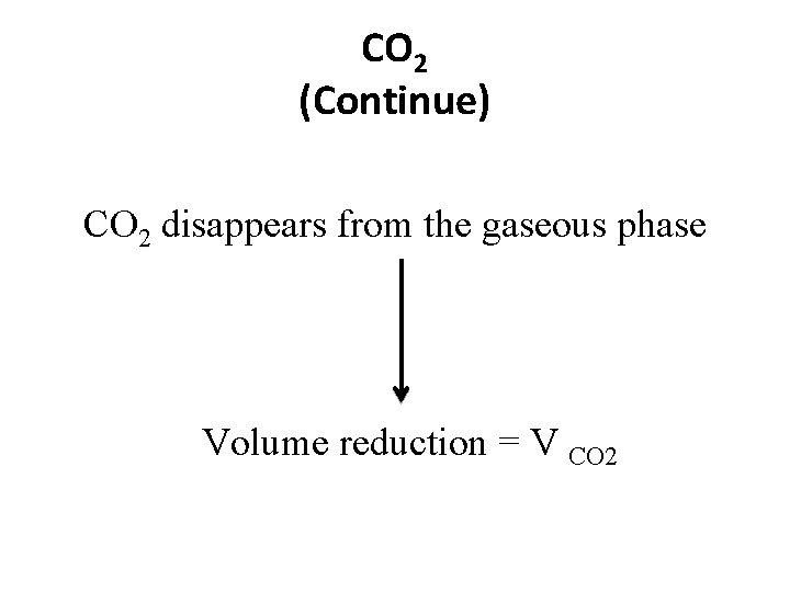CO 2 (Continue) CO 2 disappears from the gaseous phase Volume reduction = V CO 2 (Continue) CO 2 disappears from the gaseous phase Volume reduction = V