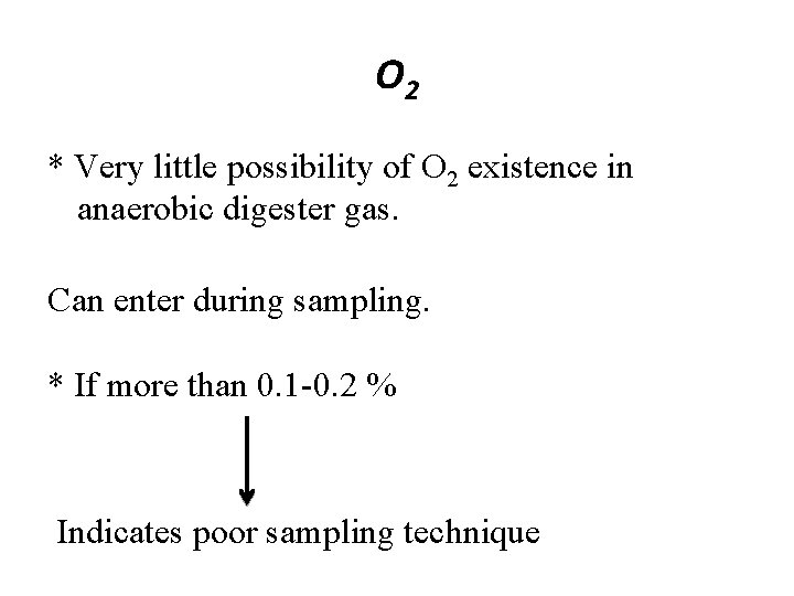 O 2 * Very little possibility of O 2 existence in anaerobic digester gas. O 2 * Very little possibility of O 2 existence in anaerobic digester gas.