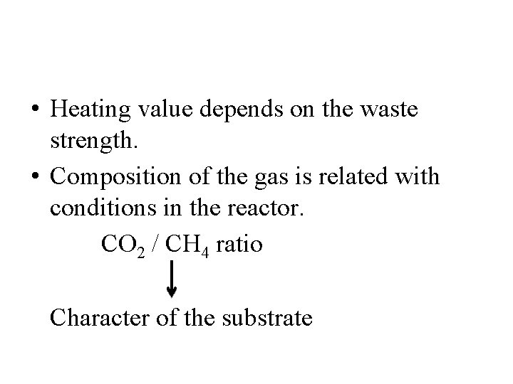  • Heating value depends on the waste strength. • Composition of the gas