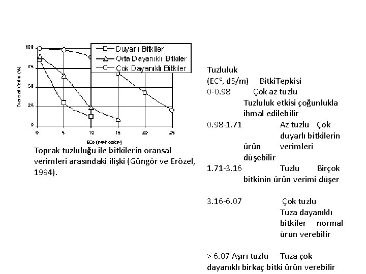 Toprak tuzluluğu ile bitkilerin oransal verimleri arasındaki ilişki (Güngör ve Erözel, 1994). Tuzluluk (ECe,
