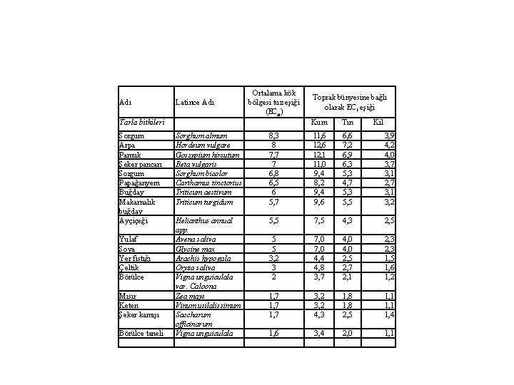 Adı Latince Adı Ortalama kök bölgesi tuz eşiği (ECse) Tarla bitkileri Sorgum Arpa Pamuk