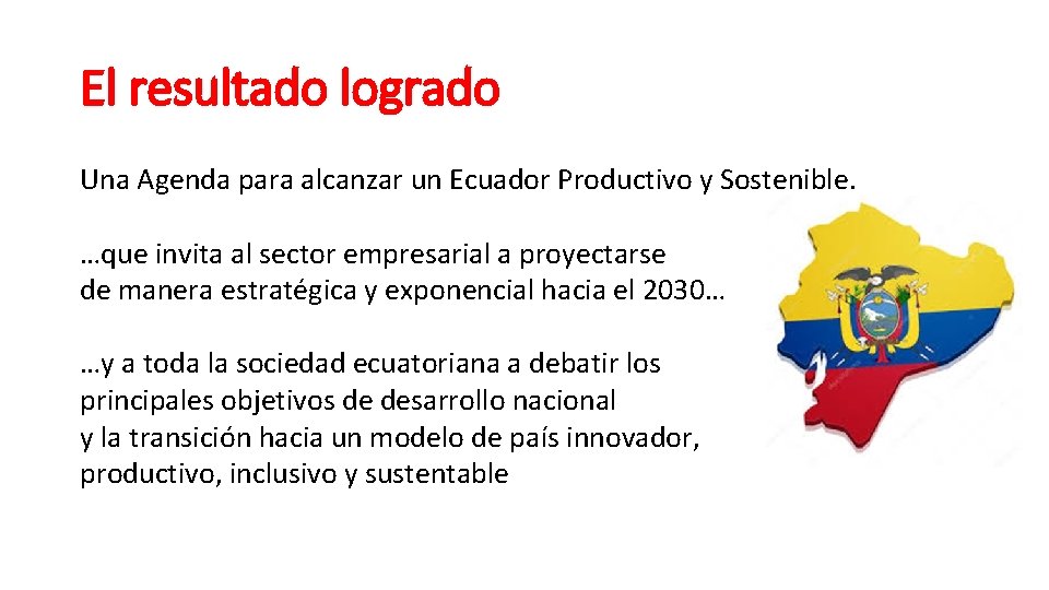 El resultado logrado Una Agenda para alcanzar un Ecuador Productivo y Sostenible. …que invita