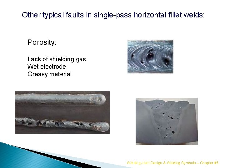 Other typical faults in single-pass horizontal fillet welds: Porosity: Lack of shielding gas Wet